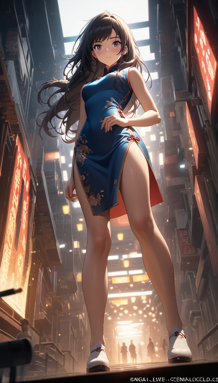 Cheongsam Girl,Long Hair,Pure white background,Depth of written boundary,Low angle view,Calf Level View,Overclocked Renderer,Cinema Lighting,Ultra-fine,Very detailed,complicated,Cinematic Perspective,CG Art,Side zipper