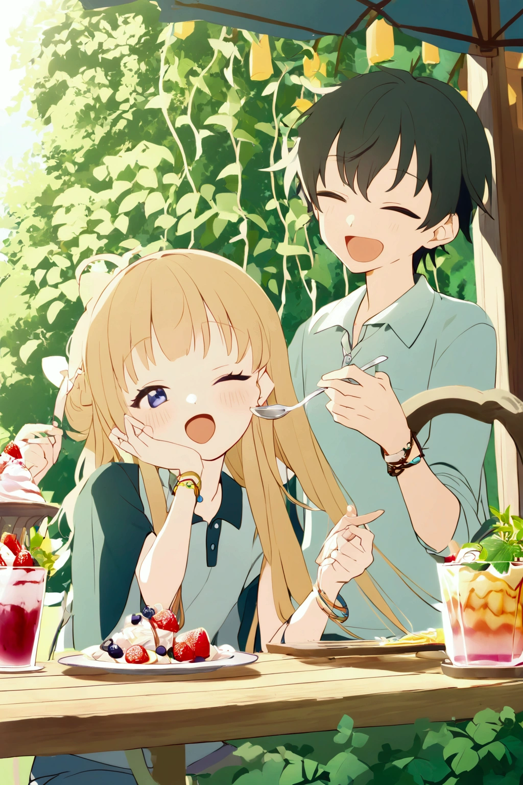 2 persons sitting in a summer cafe, on the terrace of which a Girl and a Guy are depicted. They are both sitting at the table., on which stands a large portion of parfait. The guy was holding a spoon with a small amount of parfait on it, he has a joyful look and his mouth is just as joyfully open. The girl has her eyes closed and at the same time she tucks a lock of hair behind her ear, also with his mouth slightly open. The summer terrace has greenery in the form of vines and flowers on it., the summer stand that was behind, if possible, you can throw in your character who either wipes something, or observes the whole situation. In terms of clothing, on the girl a t-shirt with thin sleeves but not reaching the stomach (topic in simple terms) She also had a small pendant with small runes in the shape of 8d. The guy was wearing a polo shirt with a homemade bracelet on his right hand., from different stones of bluish shades.