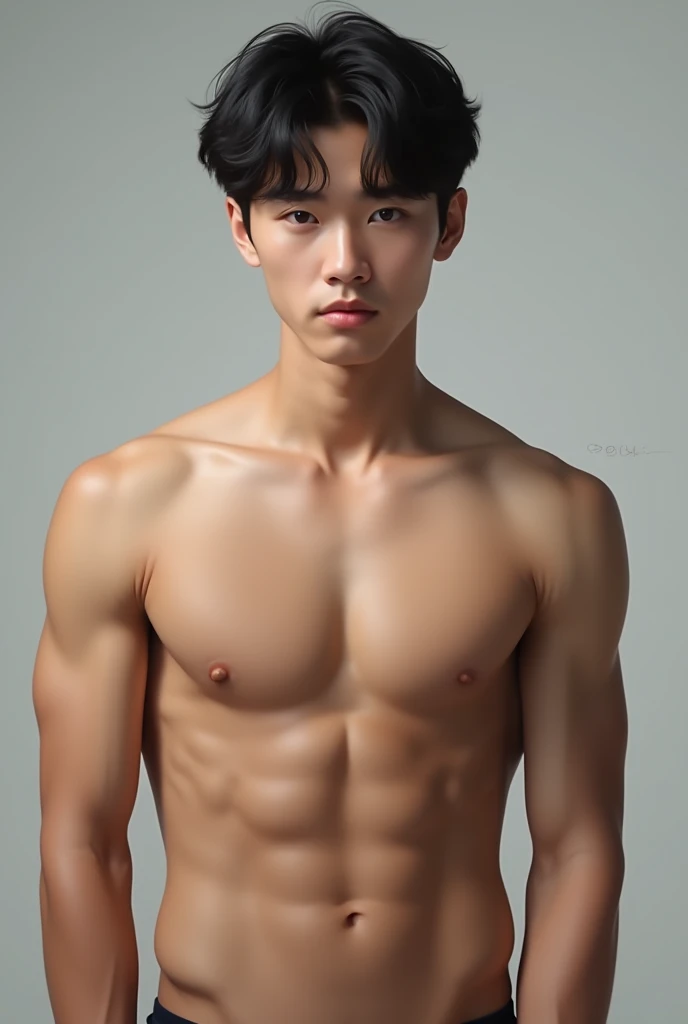 A hot sexy shirtless korean boy teenager  with juicy and shiny chest and abs .front facing.young boy
