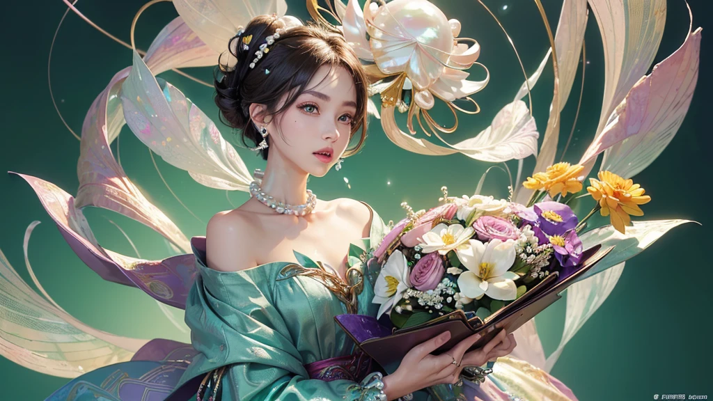 32K, 最高quality, 最高masterpiece, (ultra-Detailed Background, Detailed Background), High resolution, Super detailed, Very detailedな, 1 personの, (bouquet:1.3), (Tangled:1.2), (Geometric:1.2),(colorful),(masterpiece, quality, best quality, Official Art, Beautiful and beautiful:1.2), (1 person:1.3), Very detailed,(colorful:1.1)(Flowers:1.3),Most detailed,(Tangled:1.2), whole body, (Abstract background:1.3), (Skin glows), (Many colors:1.4), ,(Earrings Pearl:1.5), Light green background, It's imaginative., Brunette Hair, Updo, Holding a book, Holding a pen, Satin shirt