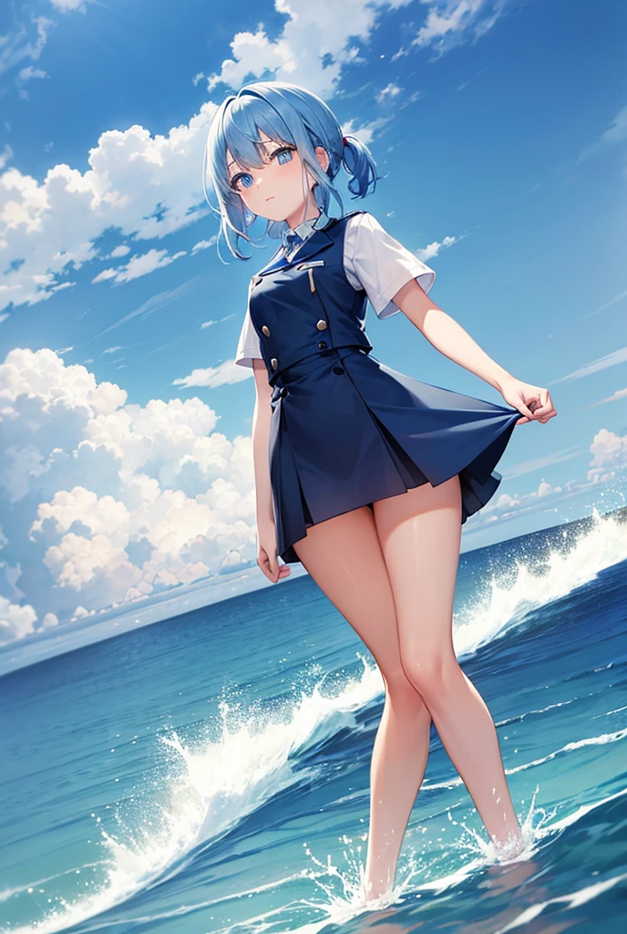 One person, blue eyes, Blue Hair/Light blue hair, Bangs are parted diagonally,Hairstyle: Short,uniform,Playing in the sea,uniform,