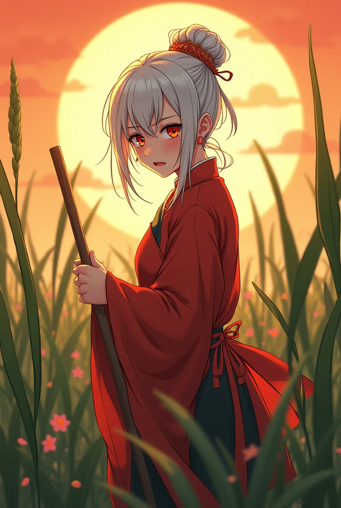 White-haired woman with red eyes, Chinese-style clothes, under the hot sun, exhausted after pulling grass, anime art,Make you sweat because you're tired More like tired ,,More tired, full of sweat