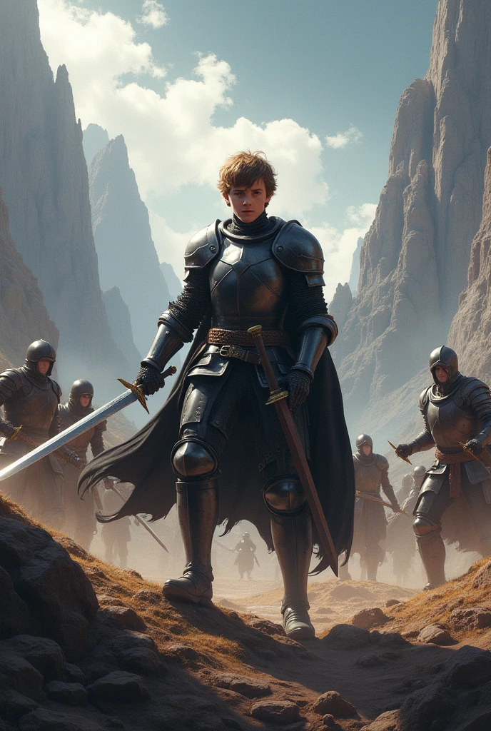 generate landscape picture, 1080p, generate young brave man with brown hair, wearing black armor, a knight with a sword stand before his enemies, he having a fierce battle with the enemies
