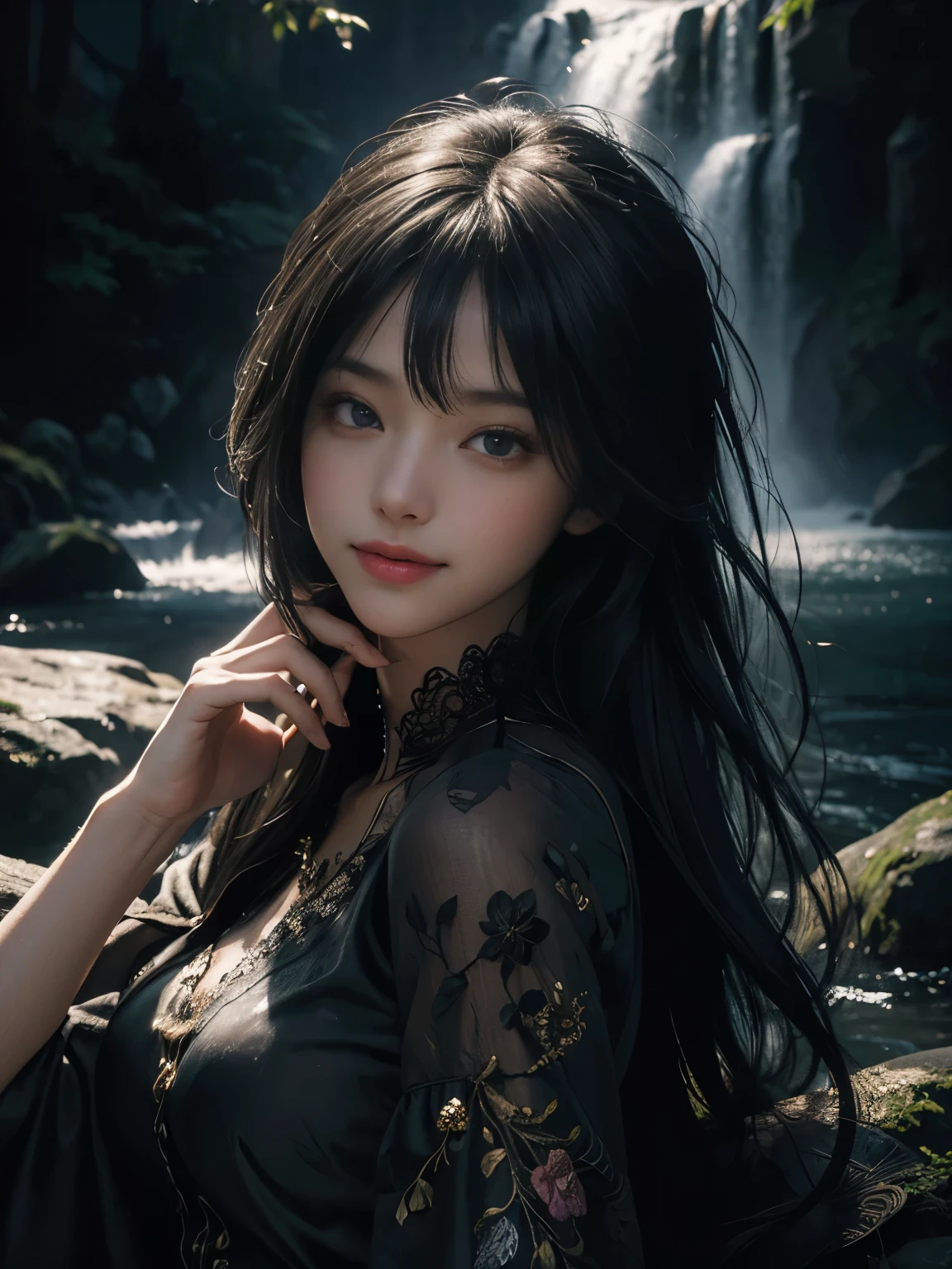 (ultra realistic) , (illustration), (increase resolution), (8K), (extremely detailed), (best illustration), (beautiful detailed eyes), (best quality), (ultra-detailed), (masterpiece), (wallpaper), (detailed face), 1 girl, black straight hair, slender body, delicate details, in the dark, deep shadow, low key, pureerosfaceace_v1, happy smile, summer dress, waterfall, rainforest