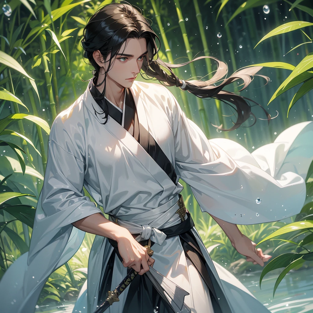 A Handsome black-hair male holding a large sword in white hanfu dress, close up.
The back is a lush green bamboo forest. The air after rain has water droplets splashing around.