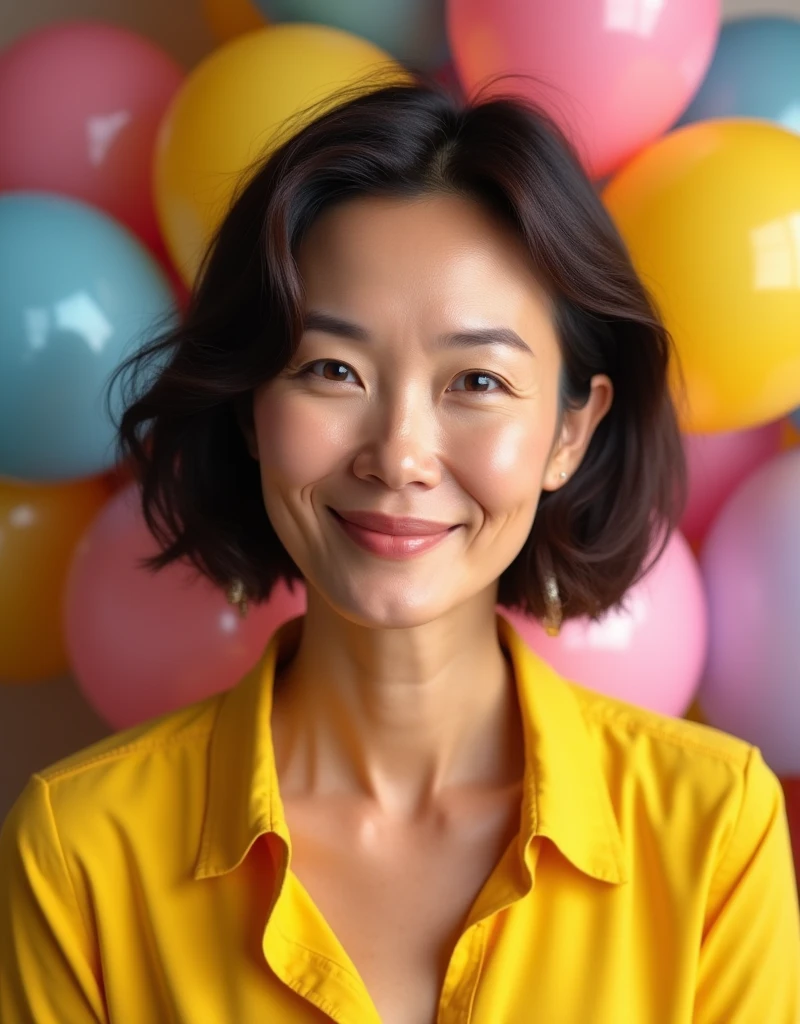 Realistic, beautiful senior woman short bob dark brown hair 50 years, wearing yellow shirt, thin smile, balloons on the background, birthday party atmosphere 