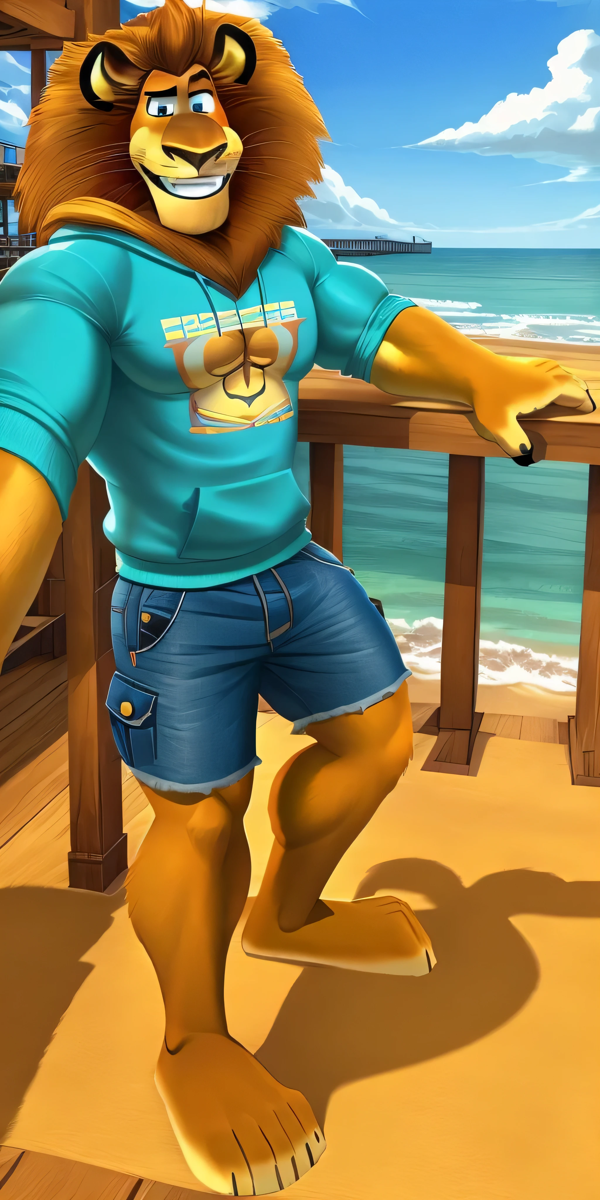 Alex the Lion, muscular body, big biceps, extremely beautiful and cute face, wears cyan sweatshirt, denim cargo shorts, bare feet, pier background, selfie, friendly look, smiling