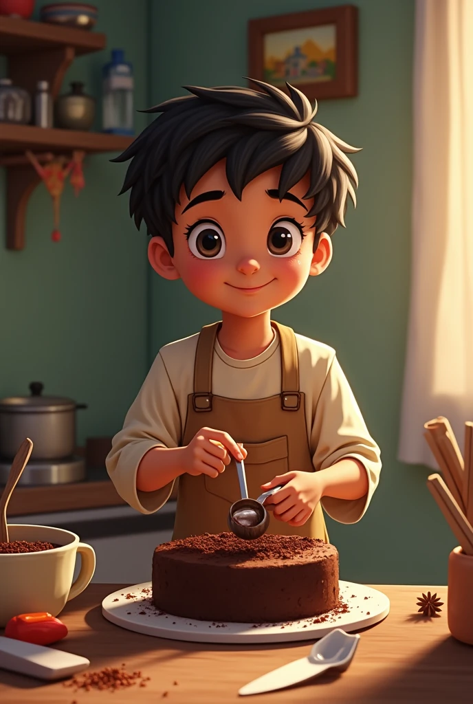 Bangladeshi Muslim boy making chocolate cake who don't have beard 
