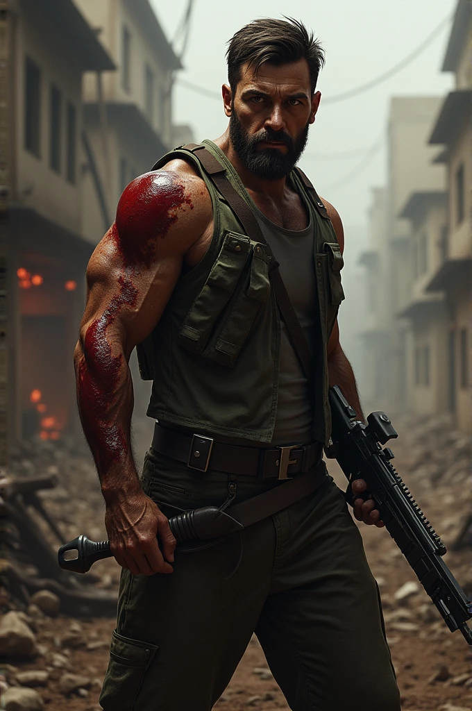 man with blood and gun in sholder