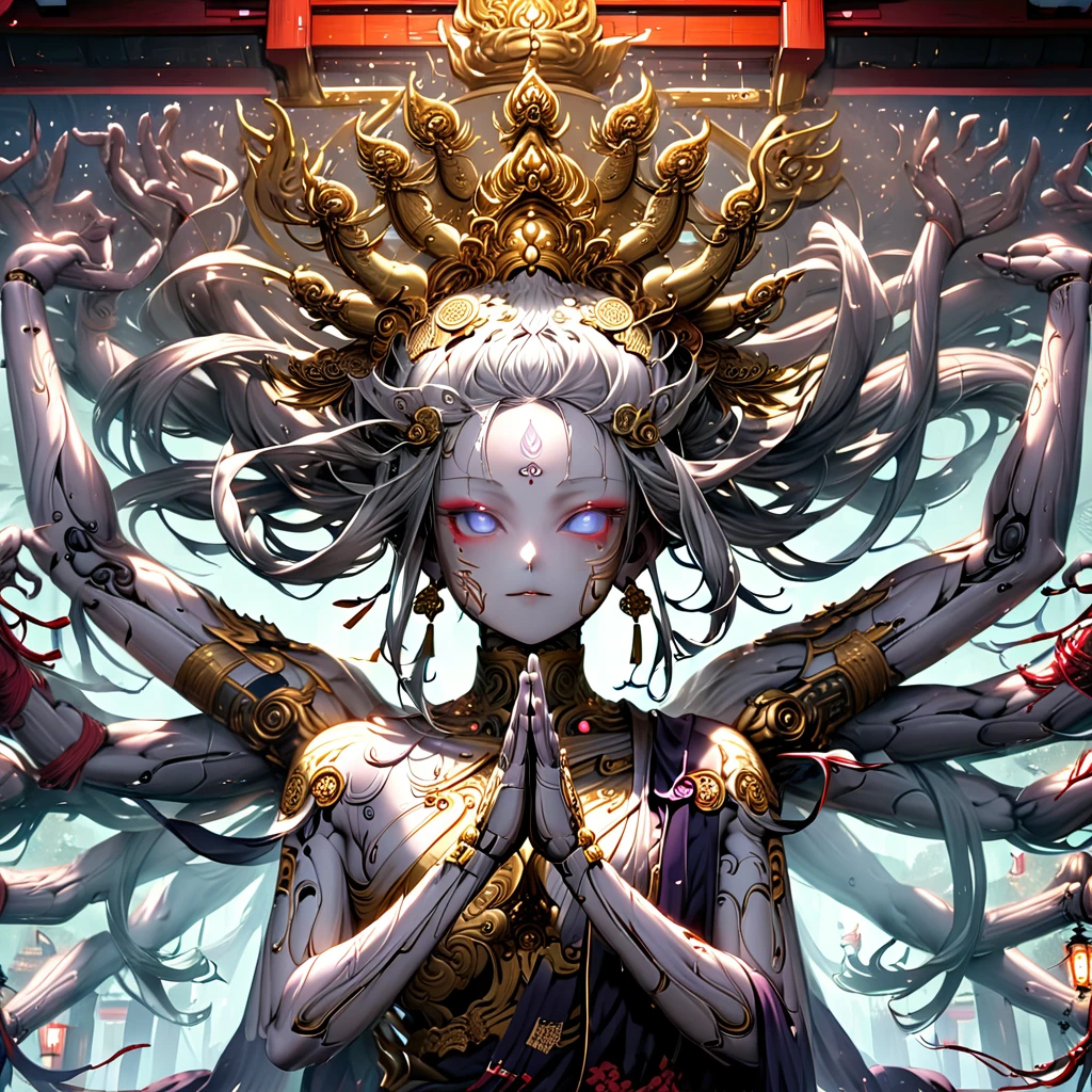 A full-body statue of Senju Kannon, the Buddhist deity with a thousand arms, standing in a sacred shrine. The statue is highly detailed with intricate carvings on each of the arms and hands. The lighting is cinematic, casting dramatic shadows and highlighting the divine features of the deity. The scene is mysterious and awe-inspiring, with a sense of reverence and spiritual power. The environment around the statue is traditional, with the presence of temple elements like lanterns, torii gates, and soft mist, enhancing the otherworldly atmosphere.