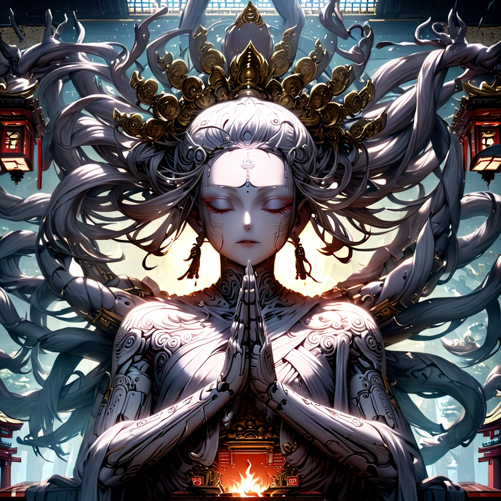 A full-body statue of Senju Kannon, the Buddhist deity with a thousand arms, standing in a sacred shrine. The statue is highly detailed with intricate carvings on each of the arms and hands. The lighting is cinematic, casting dramatic shadows and highlighting the divine features of the deity. The scene is mysterious and awe-inspiring, with a sense of reverence and spiritual power. The environment around the statue is traditional, with the presence of temple elements like lanterns, torii gates, and soft mist, enhancing the otherworldly atmosphere.
