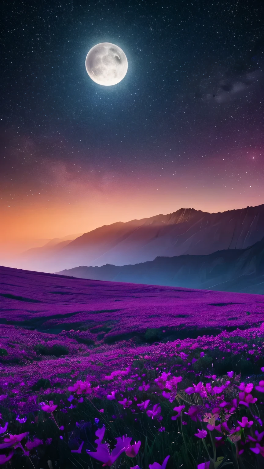 Create a vibrant sci-fi landscape featuring a starry night sky with a full moon. The background should showcase a vast expanse of space filled with countless stars, creating a mesmerizing and expansive cosmic scene. In the foreground, cover the ground with a lush array of flowers in bright pink, yellow, and purple hues. These colorful flowers should be abundant and radiate a soft glow, contrasting beautifully with the dark, star-filled sky. The full moon should cast a gentle, silvery light over the scene, further illuminating the flowers and enhancing the overall brightness of the image. The composition should be lively and radiant, combining the brilliance of the flowers with the grandeur of the starry sky and the moon