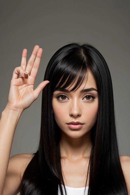 1 woman 30 years old, One, long straight black hair, clap,I'm looking at the viewer, detailed eyes, shy smile,Jewelry, medium breast, earrings,belt, blue leather jacket over a tight red t-shirt,mini skirt,sheer white tights,NECKLACE, bracelet, lips,((Dynamic angle)),