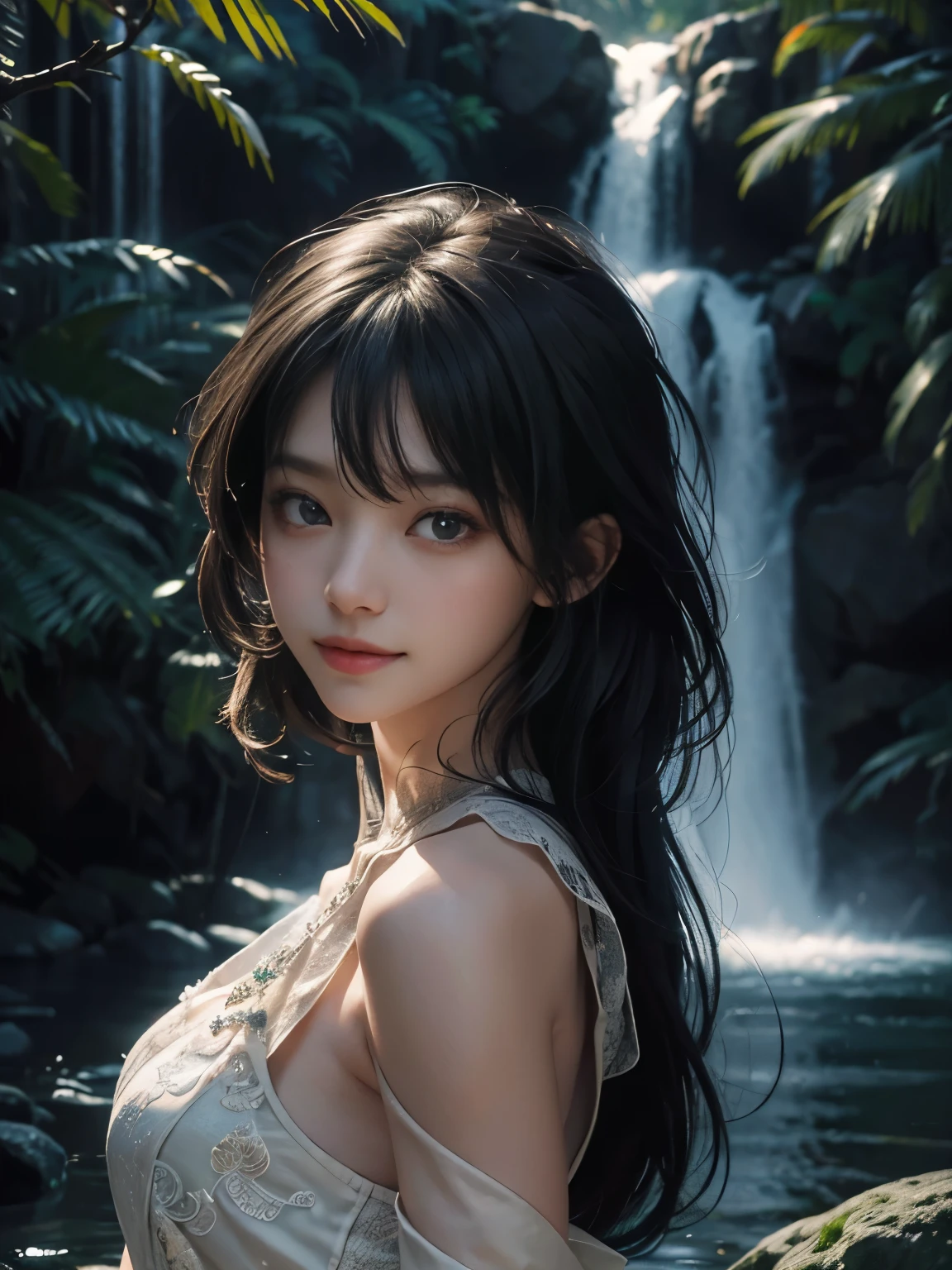 (ultra realistic) , (illustration), (increase resolution), (8K), (extremely detailed), (best illustration), (beautiful detailed eyes), (best quality), (ultra-detailed), (masterpiece), (wallpaper), (detailed face), 1 girl, black straight hair, slender body, delicate details, in the dark, deep shadow, low key, pureerosfaceace_v1, happy smile, summer dress, waterfall, rainforest