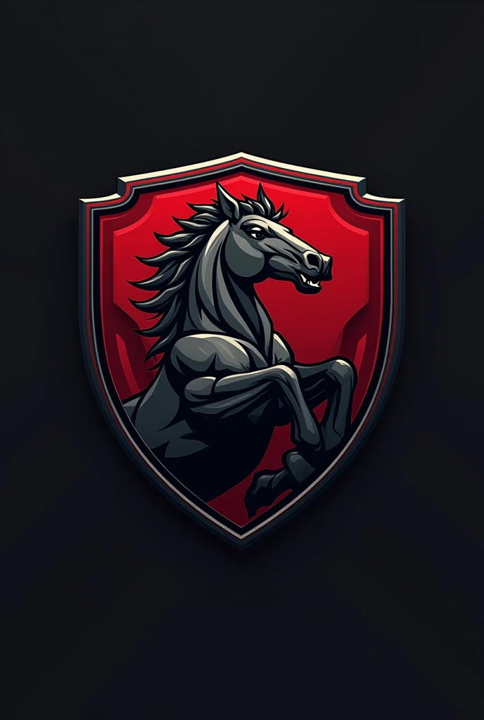 Erstelle ein Performanceful and dynamic logo for a brand featuring a strong, aggressive muscular horse as central figure, symbolizes strength, Performance, and determination. The horse should have well-defined muscles that convey energy and dominance, embodies strength and superiority. 
Use sharp, Angular lines, to emphasize the horse&#39;s muscular physique and create a feeling of intensity.
Integrate bold, Dark tones like black, tiefrot, or metallic
