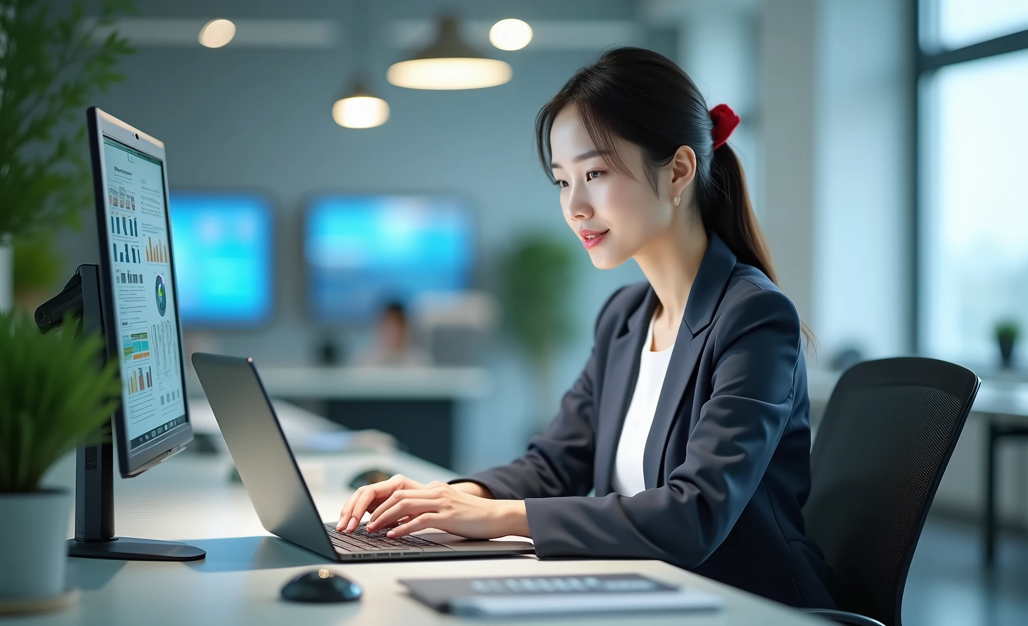 An office lady using generative AI in her work、Image size is 1200px wide and 628px high., Realistic,High definition, Laptop display is visible, 2 p.m., Japanese office environment, Brighter