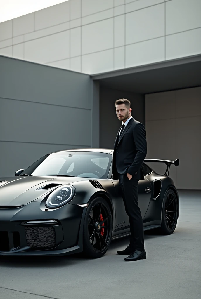 I want a man standing with matte black Porsche 911 gt3 rs front face