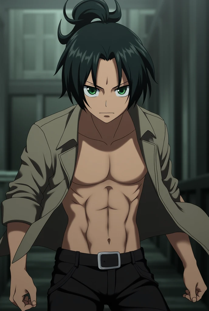 Attack on titan screencap of a male. His eyes are green and his hair is Black and tied in a messy man bun at the back of his head. He is wearing black pants and a grey jacket that is open and he is shirtless underneath. Season 4 MAPPA studio screencap.