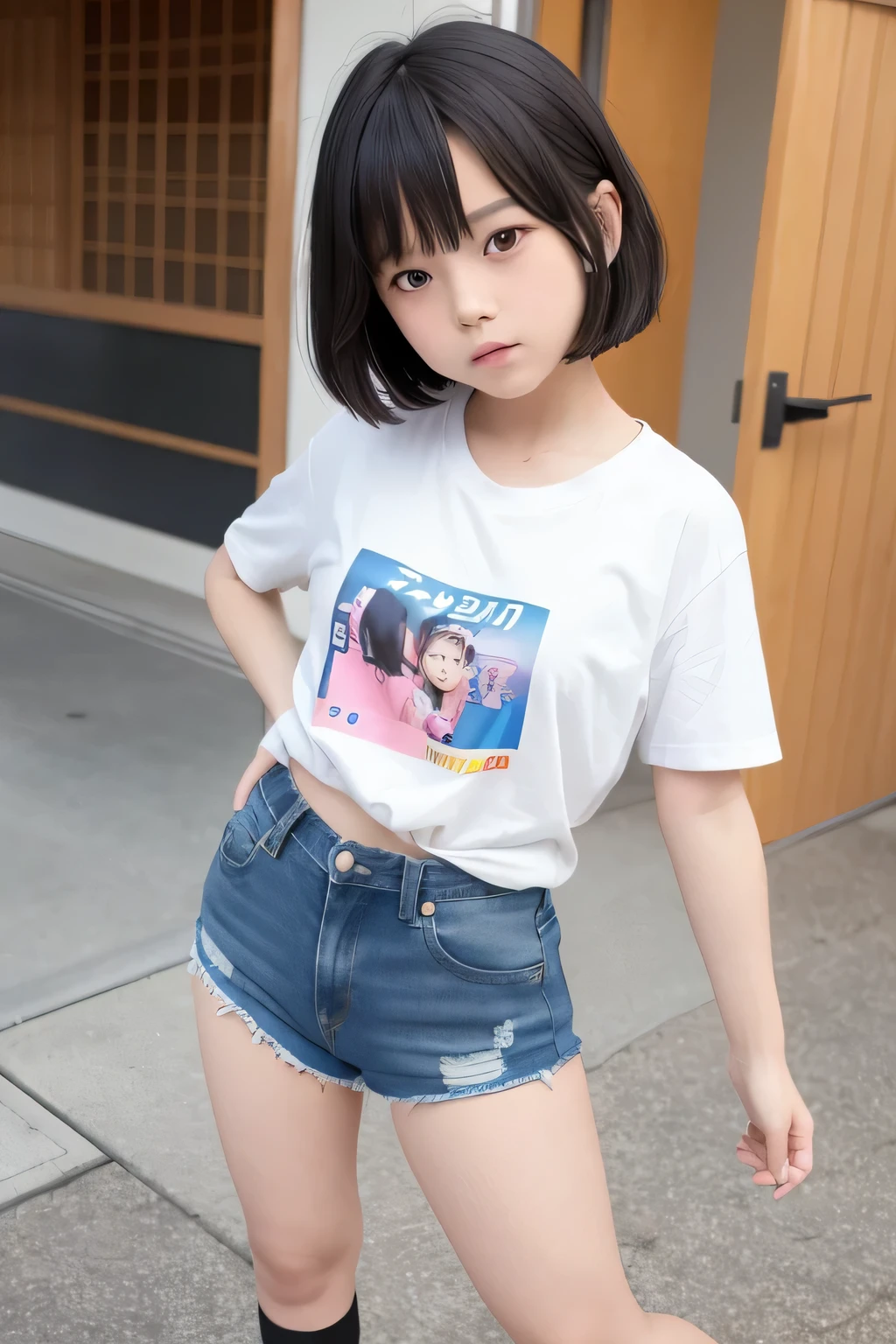 Beautiful young man dressed as a boy at a Japanese  in the 1970s.,she is cute and beautiful like an idol.,She is pure and innocent.,She is wearing a T-shirt,Extremely short, tight, and skinny denim shorts,High socks and sneakers.Japanese,Black short bob,Side figure,turn around