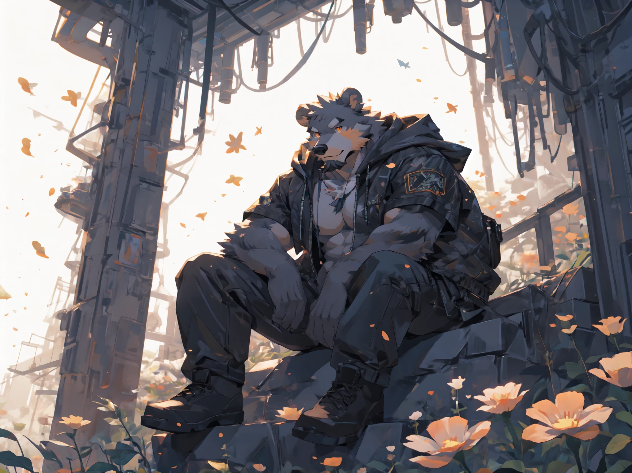(masterpiece:1.2), best quality,pixiv,official art,perfect anatomy, (Ray tracing, light),solo, (1_male:1.3) , (muscle), (grey fur:1.4), (muscle bear), (beard:1.2), (gleaming golden eyes), bear tail, full body, Thick black eyebrows,(open short hoodie), (naked inside),Ripped short jeans, black short boots, (pure white background: 1.3),sit, window, sea out of window,flower, petal, skyline, blue sky, cold tone