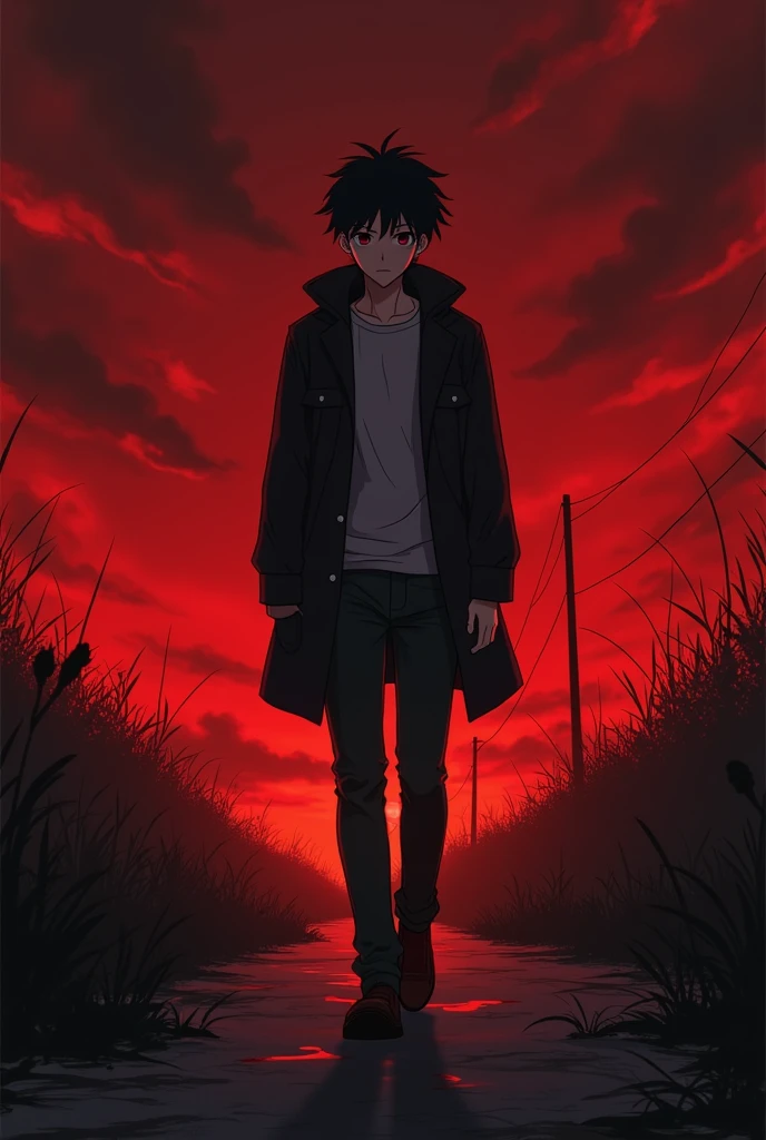 An anime handsome boy , age 22 , at night bloody background and lonely walk