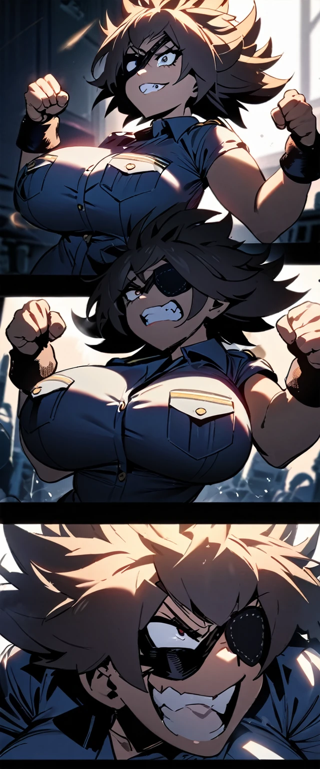 Masterpiece, high resolution, 1 girl, spiked hair, eyepatch, large Bangs, Large breast, police uniform, chunky body, furious glare, evil grins, clenshing her Fist, dramatic light, soft shadow details, clenshing her fists, large evil grin, 