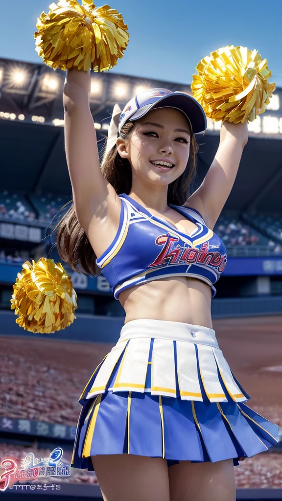 ((Highest quality、8k、Photographic realism:1.4、masterpiece))、Backlight、Highly detailed female face texture、 Lovely Japan Lady、1、(((Japanese professional baseball cheerleaders:1.2)))、((Stadium Background:1.2))、Raise your arms、Angle shot from below、super fine muscle、Beautiful Makeup、Delicate eyes、Laughter、Open your mouth、(Big and round breasts)#100: Shiny brown ponytail、Sculpture Pose、(Show your ass)、((Large Breasts)), (Showing cleavage),Cute Japanese Idols