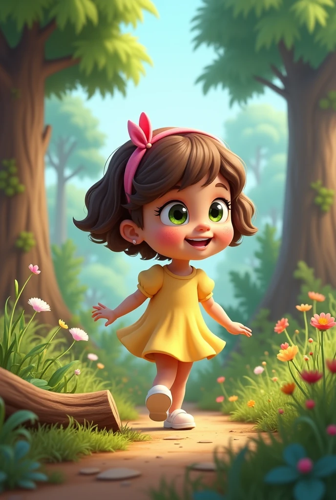 Character: Ellie, a  girl Appearance: Ellie has short, curly brown hair with a pink bow on the side, large curious green eyes, a round face with freckles, and a joyful smile. She wears a light yellow dress with puffed sleeves and white shoes. A cartoon vector illustration of Ellie walking along a winding path in the forest, surrounded by tall trees and vibrant flowers, in a 2.5D style. Ellie is carefully stepping over a log, with a determined expression on her face. https://www.seaart.ai/explore/detail/cr63v35e878c73dro50g