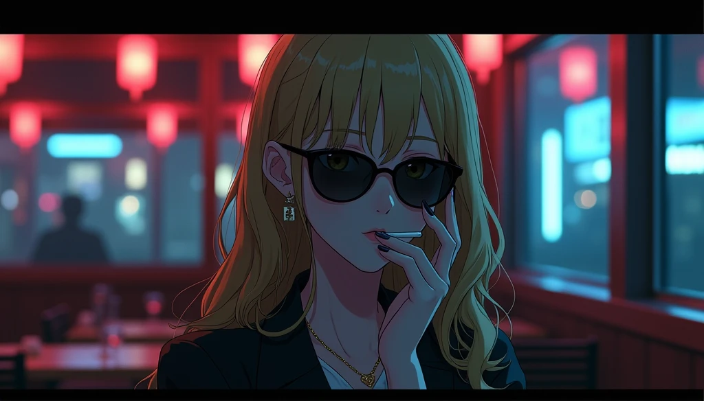 Ghibli-style anime,Beautiful blonde Asian girl sitting in a restaurant at night, Visible from the window, Perfect Face, sunglasses, Smoking white Taylormade cigarettes, Neon Black, (Backlit: 1.1), Hard Shadows, masterpiece, Highest quality, Complex, Model shooting style, Vintage, Film Grain, Incomplete details,