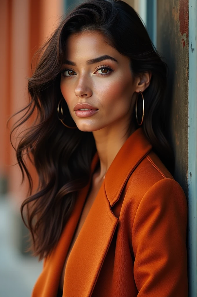 American gorgeous woman, who is a Entrepreneur, she is 2, limestone skin, Dark redish Eyes, Leathrr black Hair, Half body Pose, Poised, Wavy stylish hair, Modern, Different Backgrounds, Different coloured Clothes *THERE SHOULD BE SAME CHARACTER IN EVERY IMAGE THAT YOU GENERATE*, SAME FACE STRUCTURES