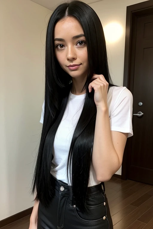 1 woman 30 years old, One, long straight black hair, clap,I'm looking at the viewer, detailed eyes, shy smile,Jewelry, medium breast, earrings,belt, blue leather jacket over a tight red t-shirt,mini skirt,sheer white tights,NECKLACE, bracelet, lips,((Dynamic angle)),