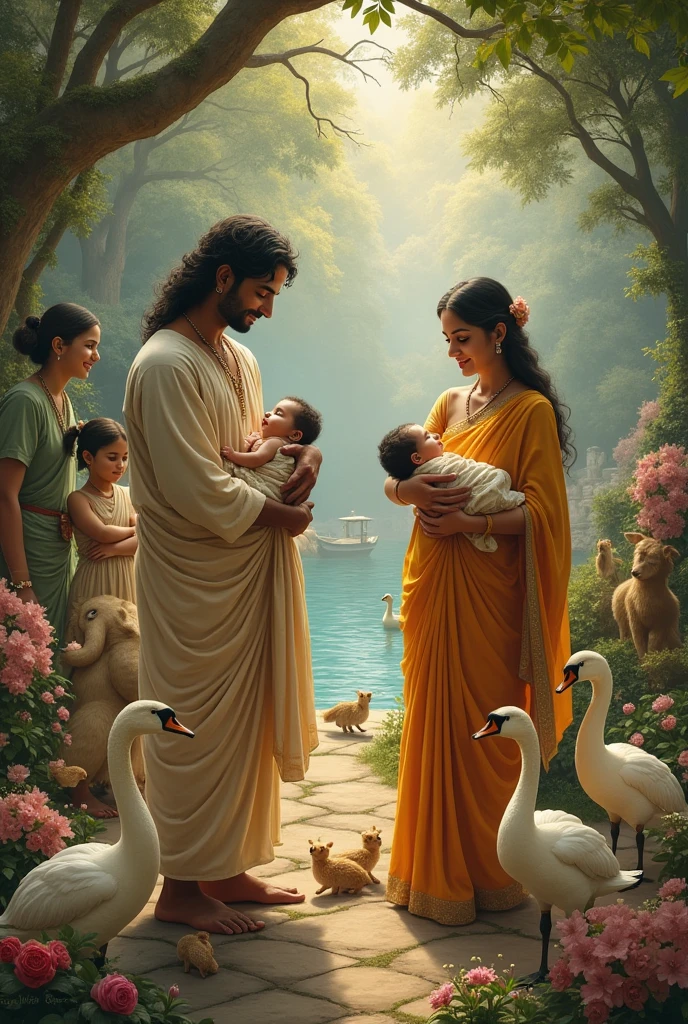 Indian queen yashoda just gave birth to krishna baby boy in a garden with lake flowers animals birds... Nearby her is her husband and servants
