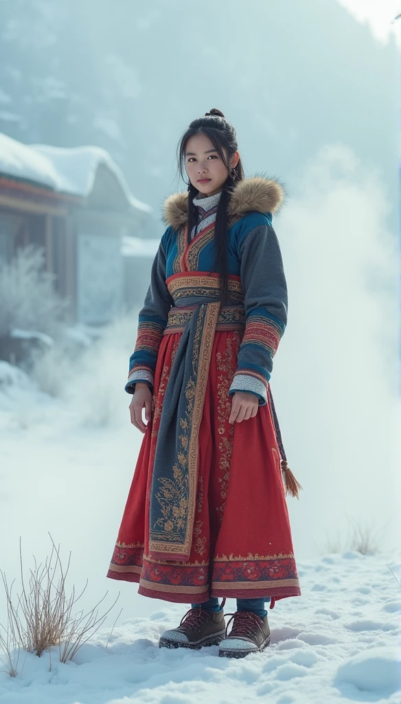 Tibetten cute girl, Tibetan snow , 2000,White smoke, Full of movement,hasselblad, National Geographic photo, Semi-body shot, high-quality photo,Full body photo,Lower body,Wearing shoes,20-year-old Tibetan girl,Wearing shoes,Wearing shoes,tibetan服饰,tibetan衣服,tibetan