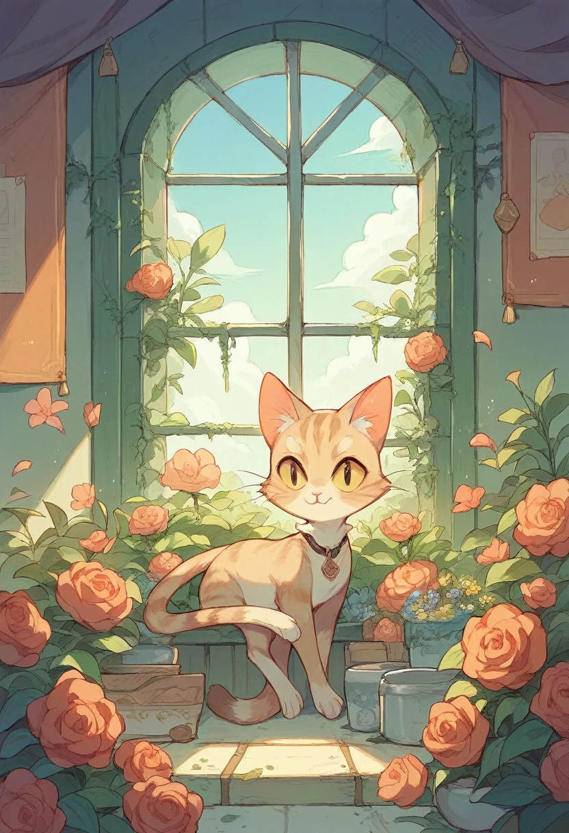 wizard cat in a room full of flowers