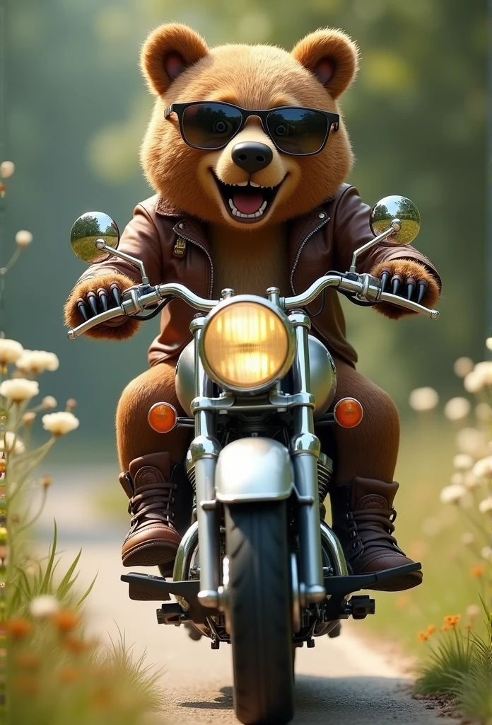 Best quality, realistic cinematic style, 8K stock photos, high resolution, intricate and detailed details, ultra-clear silhouette, realistic 3D texture, happy expression, refreshing feeling, clear and transparent water droplets, ((dynamic angle, brown bear riding on the back of a classic large silver motorcycle with a perfect face 1, highly detailed features, glossy vivid fur, gloss, gradient sunglasses, no pants: 1.2, leather jacket, leather boots_delicate and intricate details: 1.2)), outdoor, grass, white wild flowers, ultra high definition,