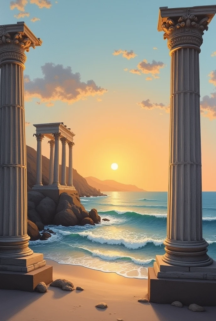 a simple but beautiful painting, beach sunset, with roman architecture, no people, only scenery, not color blending, cold tone colors, no blended colors