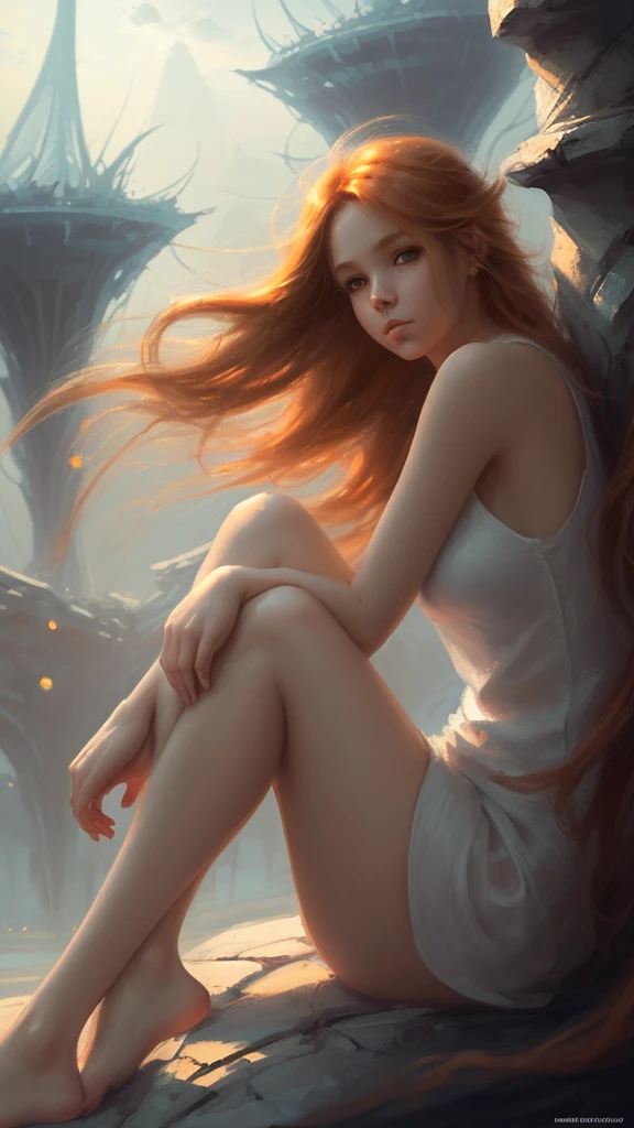 (high quality, ArtStation, Relax Art, fantasy style, abstract architecture:1.2), (A beautiful cute girl), (long messy ginger hair), (white long sleeveless shirt, bare legs), (serene atmosphere), (soft lighting, warm colors, cinematic), (depth of field, bokeh background), (digital art, digital painting)