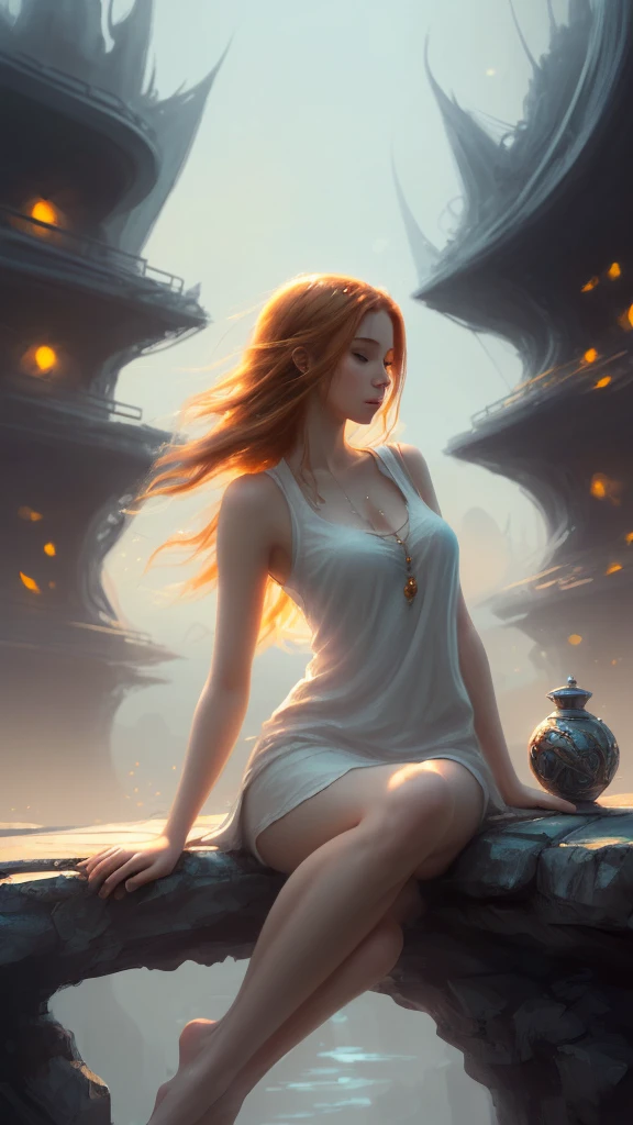 (high quality, ArtStation, Relax Art, fantasy style, abstract architecture:1.2), (A beautiful cute girl), (long messy ginger hair), (white long sleeveless shirt, bare legs), (serene atmosphere), (soft lighting, warm colors, cinematic), (depth of field, bokeh background), (digital art, digital painting)