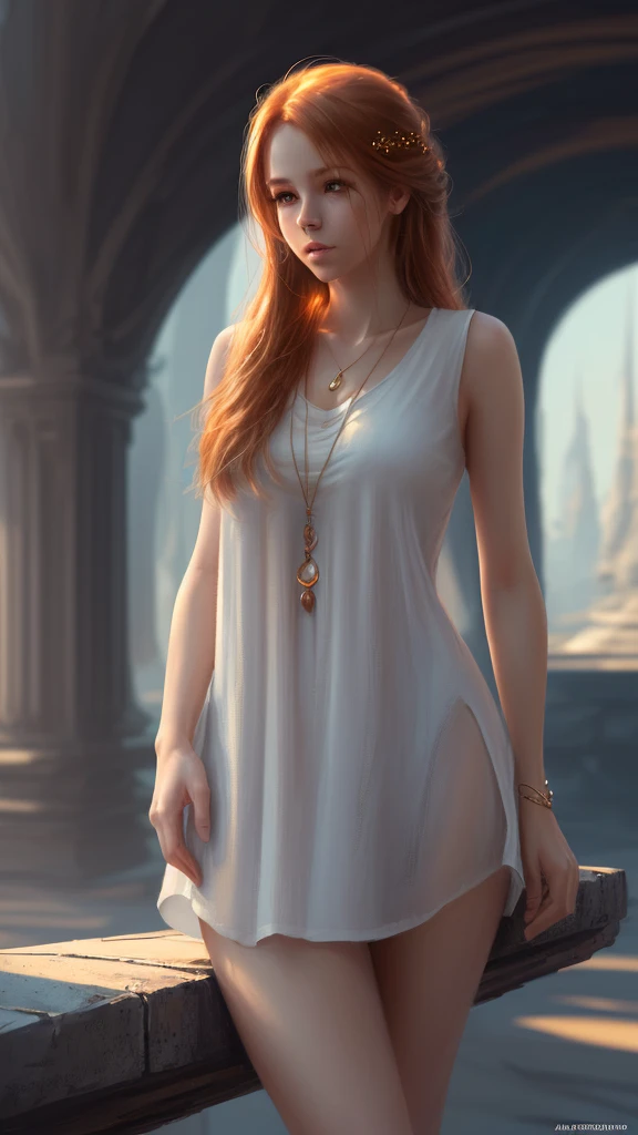 (high quality, ArtStation, Relax Art, fantasy style, abstract architecture:1.2), (A beautiful cute girl), (long messy ginger hair), (white long sleeveless shirt, bare legs), (serene atmosphere), (soft lighting, warm colors, cinematic), (depth of field, bokeh background), (digital art, digital painting)