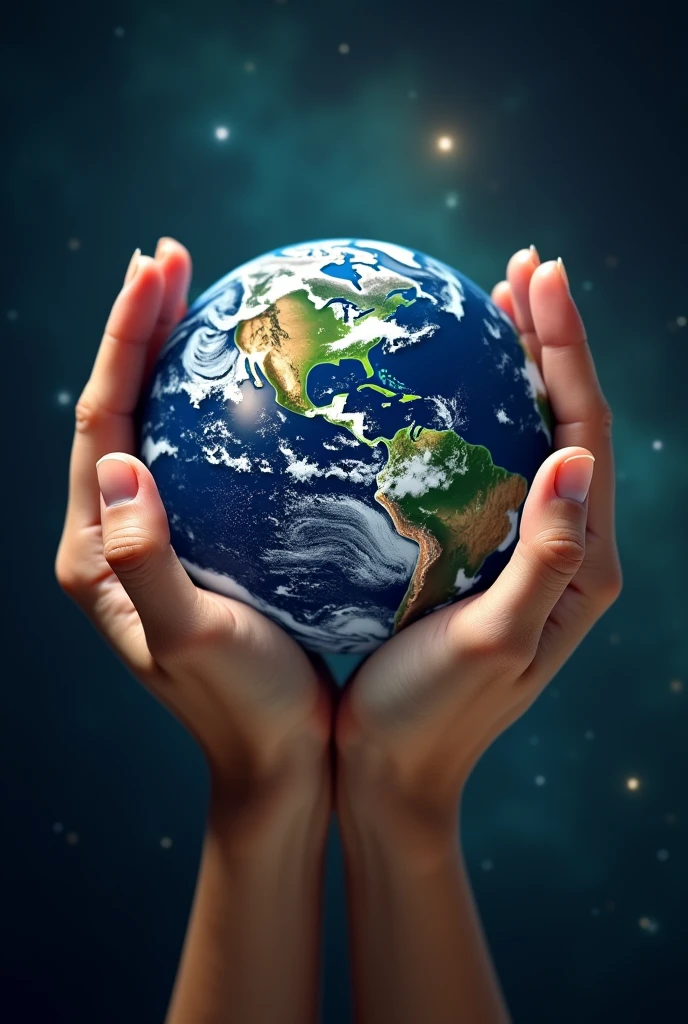 (Create an image, where women's hands tenderly hold the planet Earth. Hands should be graceful and well-groomed., with clear lines and natural skin color, arms raised above head, commas together, palms opposite each other, fingers straight. Planet Earth should be the size of a basketball., Detailed, with visible continents, oceans and atmosphere. The background should be cosmic, so that the emphasis is on the hands and the Earth.