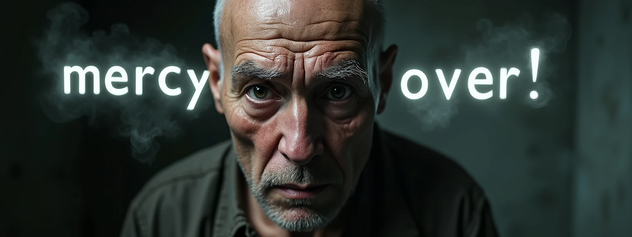 A photorealistic image captures the intense gaze of an elderly, bald man with a beard, whose eyes are filled with deep sadness and anger. His eyes are dark and piercing, slightly bloodshot with traces of recent tears still visible on his flushed, weathered cheeks. The expression on his face conveys a raw, powerful emotion, as if he is on the brink of breaking, yet holds a fierce resolve. Bright lights backlight the scene, highlighting the contours of his face and creating a stark contrast against the darker background.
Suspended in the air between his eyes and the viewer, a translucent, almost ghostly message reads exactly: "Mercy is over!" The text appears as if it's floating, blurred at the edges, with the letters formed from a faint mist or dark smoke that lingers in the space. The smoky words are readable, though not overly bright, hovering just in front of his gaze, creating a surreal yet powerful effect.
The lighting is soft and diffuse, casting subtle shadows that accentuate the lines of his face and the intensity of his expression. The background is dark and out of focus, ensuring that all attention remains on his face and the ominous message suspended before him. The overall tone of the image is haunting, with the ethereal text adding a layer of depth to the man's emotion, making the scene both unsettling and deeply evocative.