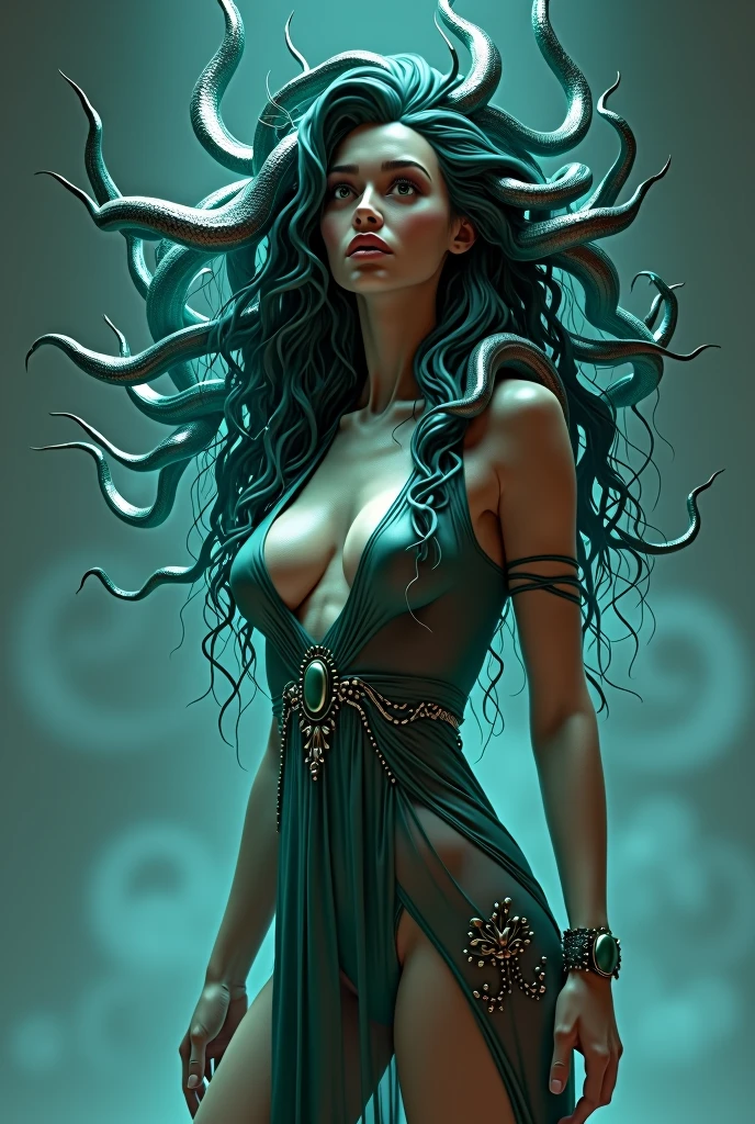 Full body, masterpiece body, Full body, Ful body view , full pose , ((best quality)), ((masterpiece)), ((realistic)), Medusa, full miracle body, the hair is composed of countless snakes, red snake hair, snakes have a shiny eyes,  multicolored hair, miracle pretty female face, medium breast,tall body, seductive body, metal carved top, royal aura, trend on artstation , sharp focus, studio photo, intricate detail, very detailed, detailed eye, illustration, very detailed, sharp focus, digital render, professional, 4K, Detailed, Realistic, 4k highly detailed digital art,octane render, bioluminescent, resolution concept art, realism,by Mappa studios,masterpiece,best quality,official art,illustration,ligne claire,(cool_color),perfect composition,absurdres, fantasy, focused, rule of third, fit body , belly muscle, 75D breast , miracle scenery , atrctive face , miracle face, Organza transparent clothers,