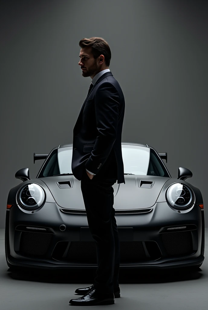 I want a man standing with matte black Porsche 911 gt3 rs front face full car photo and I am standing in front of it