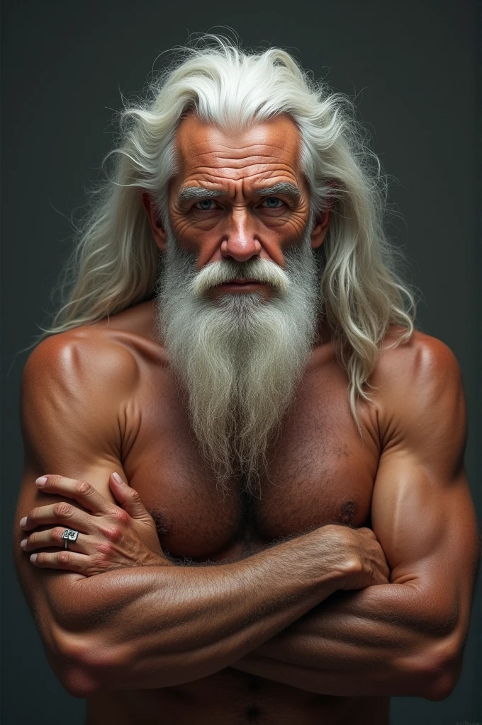 Shirtless old man with white beard and hair