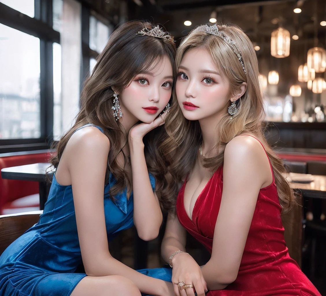 ((Highest quality、8k、masterpiece:1.3))、((Photorealistic、Perfect body line:1.4))、((2 super beautiful woman、Two Women:1.3))、((Highly detailed face, skin texture and beautiful eyes、Highlight of light-colored eyes、Light shines in the eyes:1.4))、((She has a well-proportioned body like a gravure idol and very large breasts.、Super long curly hair, brownish in color almost blonde:1.3))、((A super sexy long dress in blue and red with a pattern made of super thin and tight velour material.、Slit in dress:1.3))、((tiara、Stylish arm ring、Jewels and luxurious decorations:1.1))、((Super beautiful, translucent skin:1.3))、((Flashy gal-style makeup:1.2))、((The interior of a luxurious restaurant、The two of them are sitting in luxurious chairs:1.3))、((One in a red dress and the other in a blue dress、Ultra slit dress:1.3))