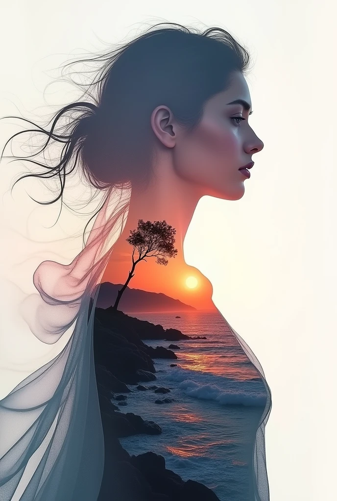 high quality, 8K Ultra HD, A beautiful double exposure that combines an goddess silhouette with sunset coast, sunset coast should serve as the underlying backdrop, with its details incorporated into the goddess , crisp lines, The background is monochrome, sharp focus, double exposure, by yukisakura, awesome full color,