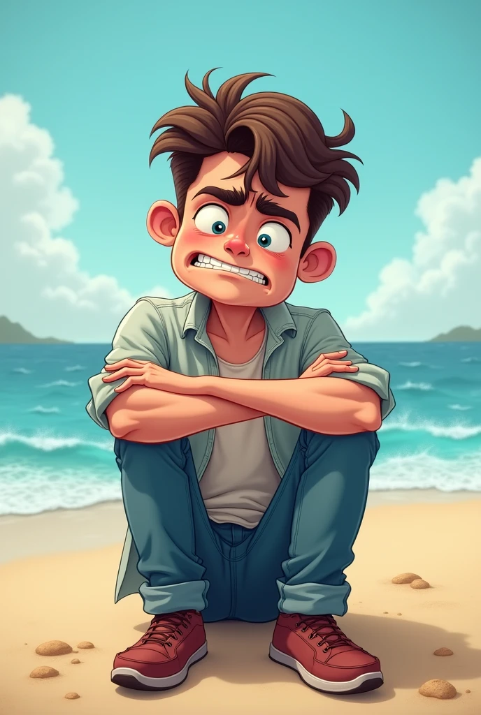 Heart broken guy sitting on the beach on a funny face on his face