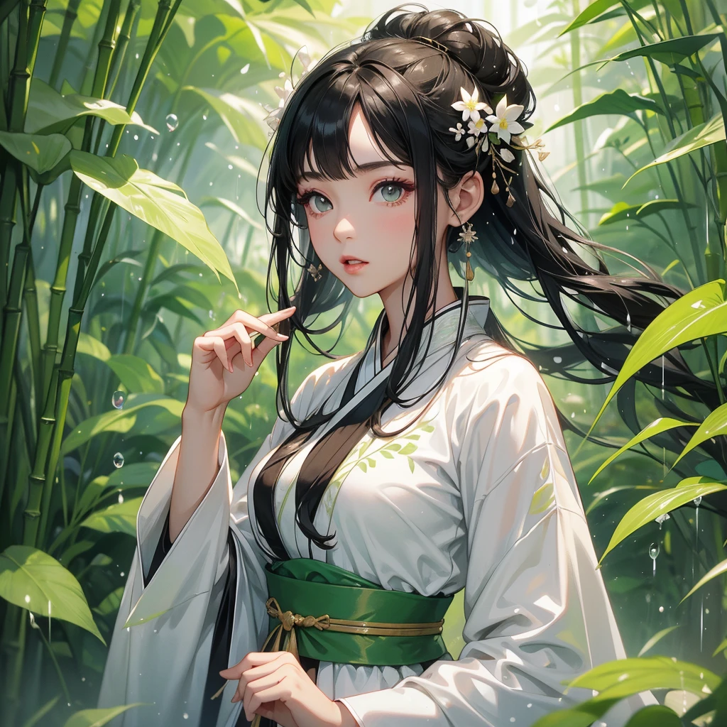 A black hair beautiful female in white hanfu dress , close up.

The back is a lush green bamboo forest. The air after rain has water droplets splashing around.