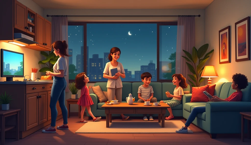 Sarah: A 2 nurse, David: Sarah's boyfriend, a 30-year-old, Emma: Sarah’s younger sister, 2, Tom: David’s childhood friend, 2, Rachel: Emma’s best friend, 2
The group of friends is gathered in Sarah and David's apartment, a cozy yet modern space that reflects their personalities—a mix of practical furniture and warm, inviting décor. They’re relaxing after a long week, with Sarah preparing snacks in the kitchen while the others sit around the living room, chatting and watching TV. It's a typical Friday night, with plans to watch a new movie, order takeout, and enjoy each other's company.