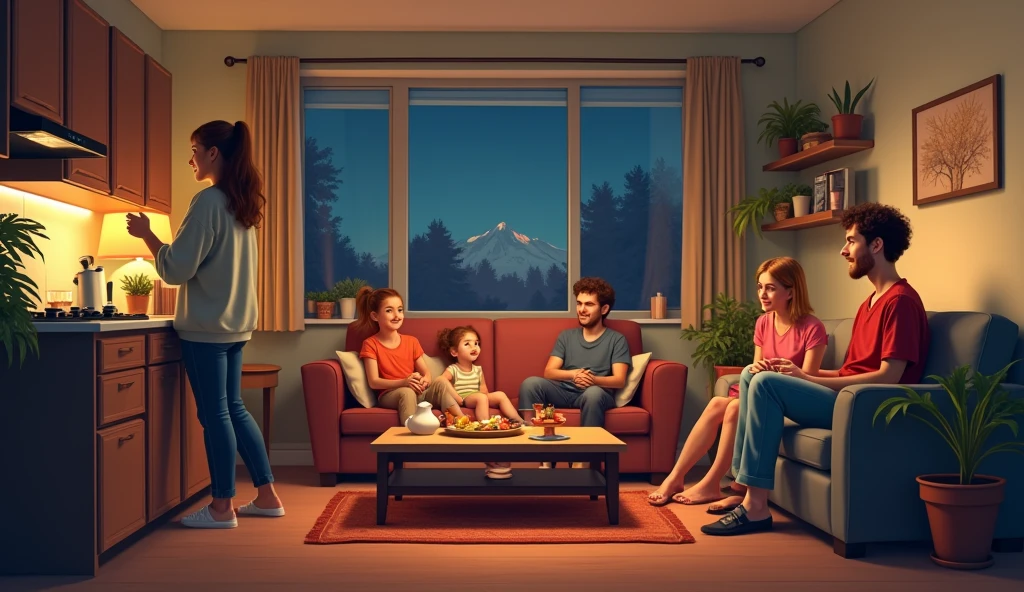 Sarah: A 2 nurse, David: Sarah's boyfriend, a 30-year-old, Emma: Sarah’s younger sister, 2, Tom: David’s childhood friend, 2, Rachel: Emma’s best friend, 2
The group of friends is gathered in Sarah and David's apartment, a cozy yet modern space that reflects their personalities—a mix of practical furniture and warm, inviting décor. They’re relaxing after a long week, with Sarah preparing snacks in the kitchen while the others sit around the living room, chatting and watching TV. It's a typical Friday night, with plans to watch a new movie, order takeout, and enjoy each other's company.